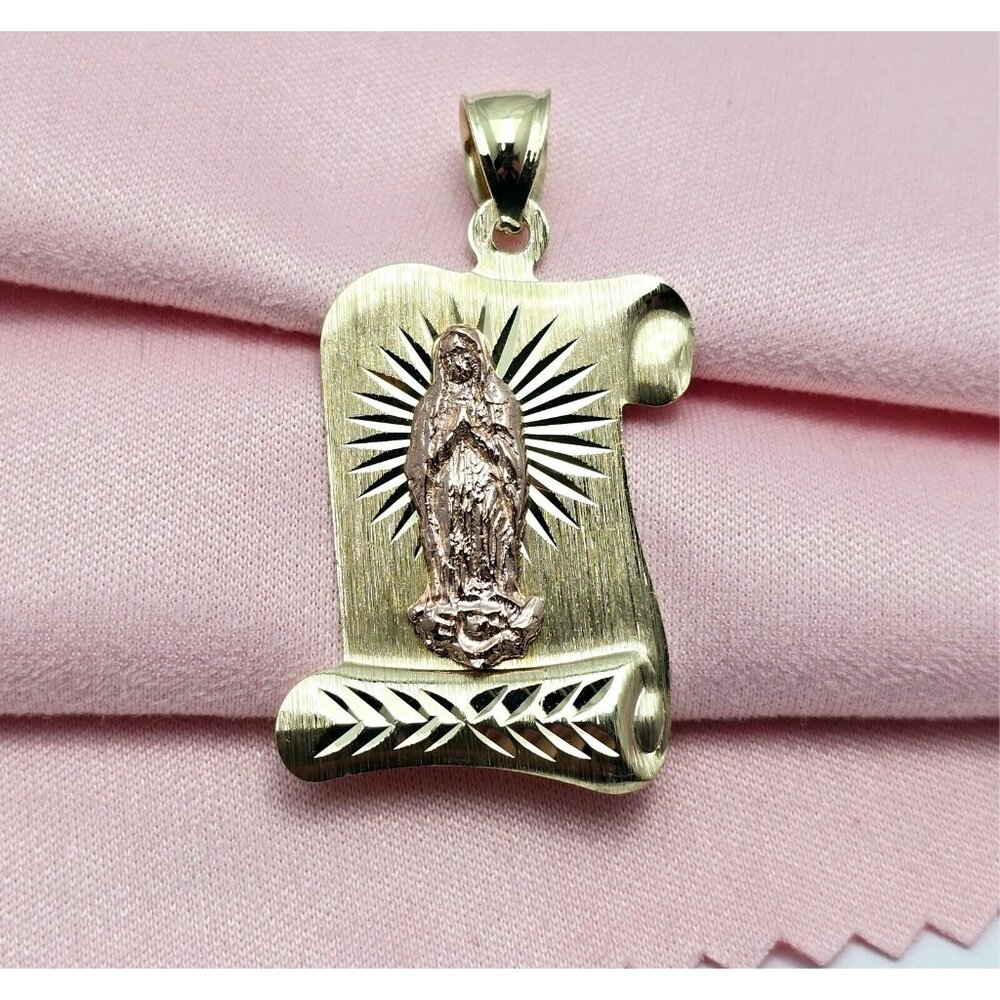 14K Solid Two Tone Multi Color Gold Religious Scroll Saint Mary Charm Pendant